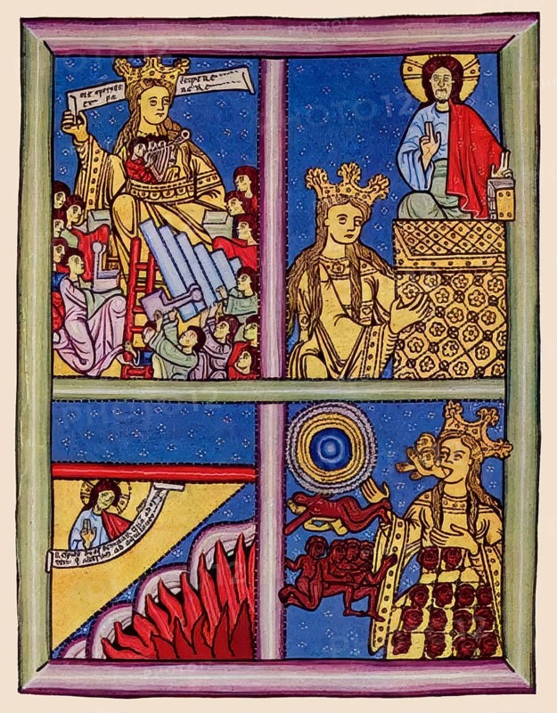Illuminated manuscript page of Liber Scivias, by Hildegard of Bingen, Sibyl of the Rhine, 1098 – 1179, German Benedictine abbess and polymath, Facsimile from 1927, digitally edited