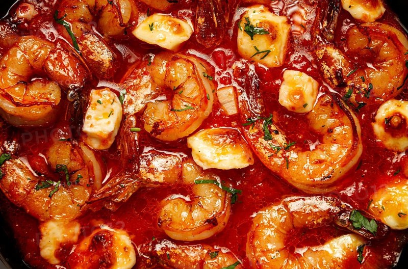 Greek saganaki, in an iron pan, saganaki with shrimp, shrimp in tomato sauce, with pepper and feta cheese, homemade, no people