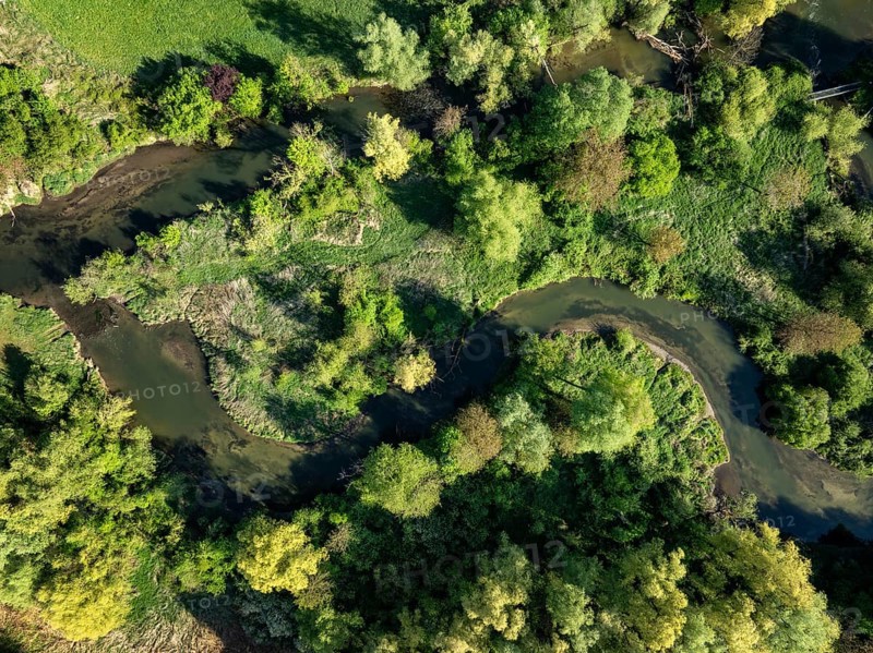 Aerial photograph, top down view of the Radolfzeller Aachried with the Radolfzeller Aach, Radolfzell am Lake Constance, Landkreis Konstanz, Baden-Württemberg, Germany