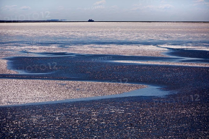 Schleswig-Holstein Wadden Sea National Park on the crossing from Föhr to Dagebüll at low tide, North Frisia, Germany