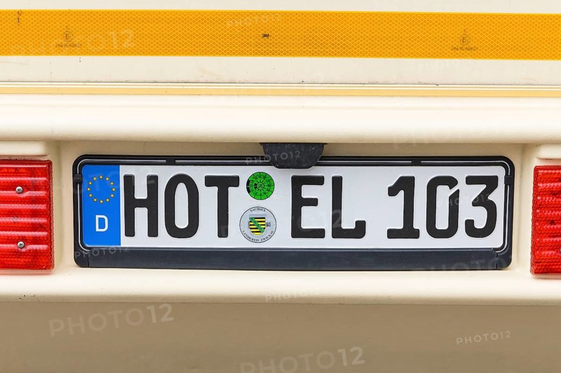 Caravan with the funny licence plate HOTEL in Hohenstein- Ernstthal, Saxony, Germany