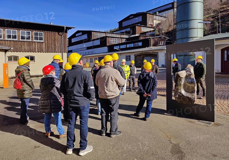 Group of visitors on a guided tour of the Rammelsberg ore mine, UNESCO World Heritage Site, Goslar, Lower Saxony, Germany