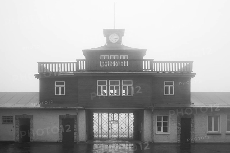 Tor tor to the camp with fog in the beech forest concentration camp, today a concentration camp memorial, Weimar, Thuringia, Germany