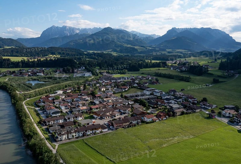 Drone image, housing estate, detached houses, Kössen, Leukental, Tyrol, Austria