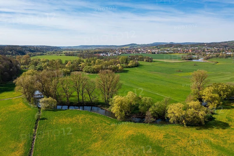 Wet meadows at the confluence or source of the Main, Main valley, Melkendorf near Kulmbach, aerial view, Upper Franconia, Franconia, Bavaria, Germany