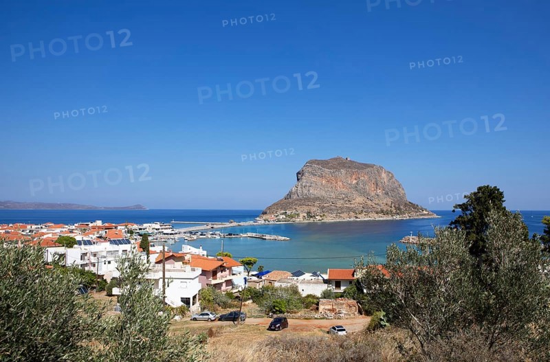 Rock of Monemvasia, Monemvassia, Monemwassia, Monembasia, in the Myrtoan Sea, in front of the coastal town of Gefyra, Laconia, Peloponnese, Greece