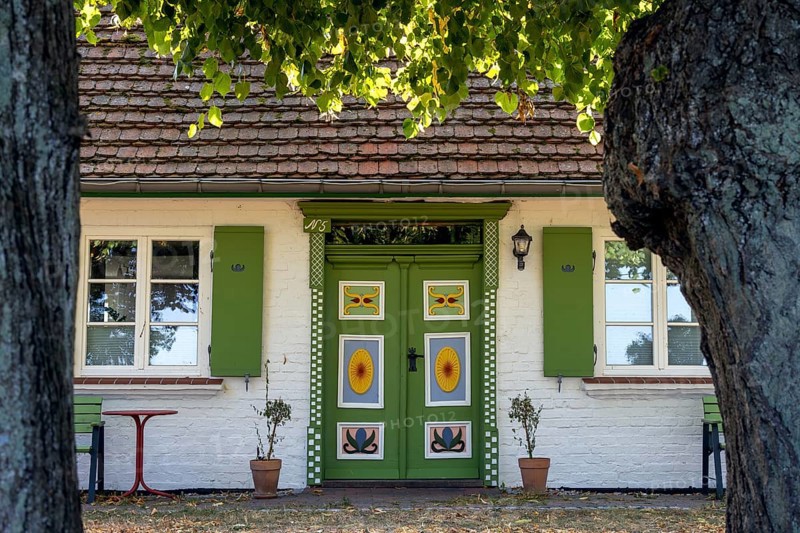 Colourful decorated front door in Bliesenrade at Wieck am Darß, holiday resort on the Darß peninsula in Mecklenburg-Western Pomerania, Germany