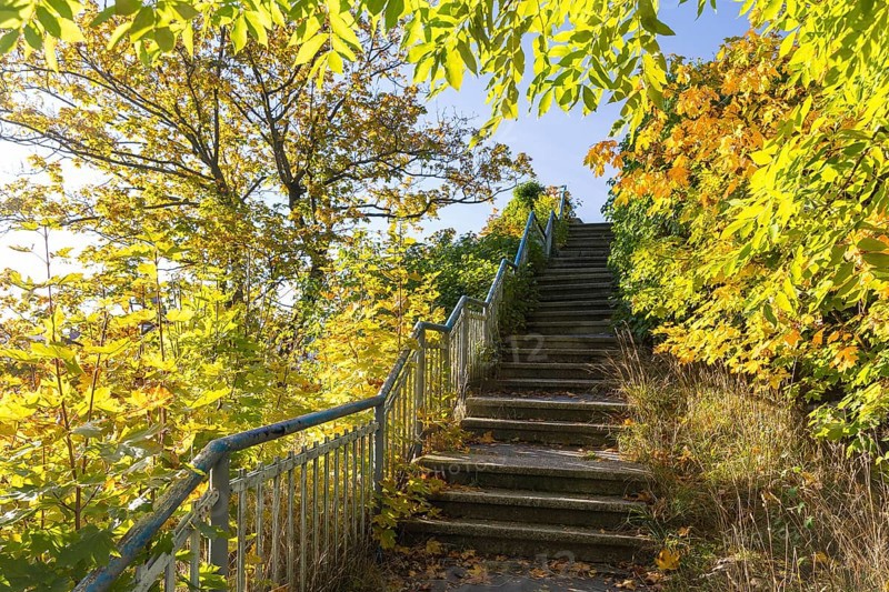 Ascent to the castle rock, the former castle in the centre of the town of Falkenstein, Vogtland, Saxony, Germany