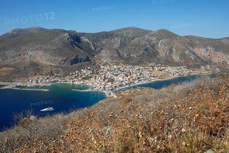 Coastal town of Gefyra, near the rock of Monemvasia, Monemvassia, Monemwassia, Monembasia, in the Myrtoan Sea, Laconia, Peloponnese, Greece