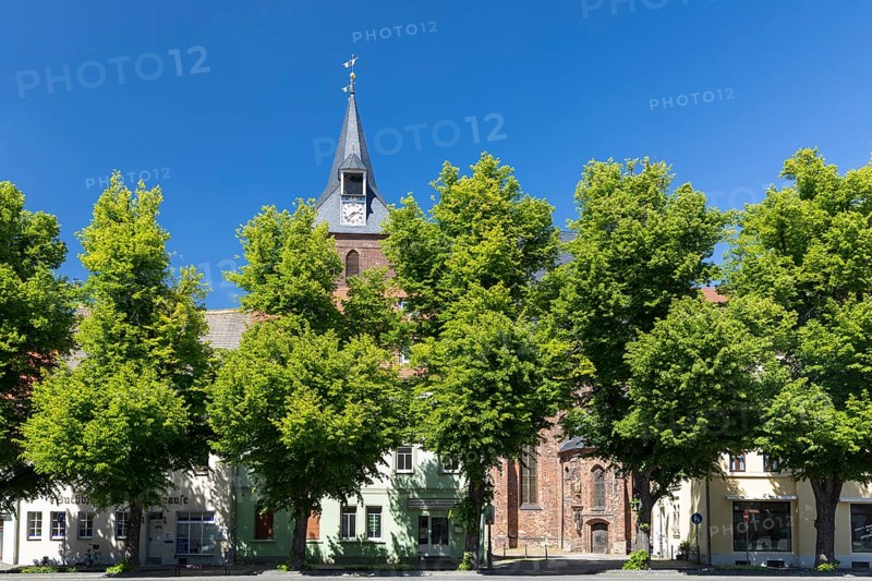 North side of the market square with the town church of St Peter and Paul, Delitzsch, Saxony, Germany