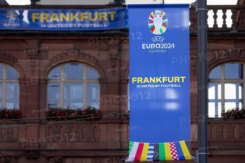 On the occasion of the European Men's Football Championship 2024 (officially UEFA EURO 2024), which will take place in Germany from 14 June to 14 July 2024, numerous banners with the inscription FRANKFURT IS UNITED BY FOOTBALL are hanging in Frankfurt am Main, one of the venues for the European Championship. The Frankfurt Waldstadion is the venue for four group matches and one round of 16 match, Frankfurt am Main, Hesse, Germany