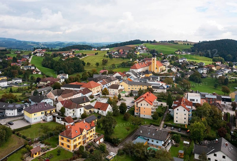 Drone image, view of village with parish church, Münzbach, Mühlviertel, Upper Austria, Austria