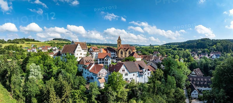Aerial view, panorama, view of flower field, district of the southern Baden town of Tengen with flower field Castle and the parish church of St Michael, Hegau, district of Constance, Baden-Württemberg, Germany