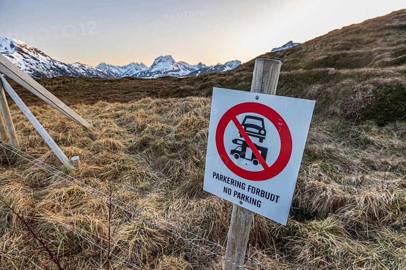 Camping and parking prohibited, prohibition sign, Moskenesoya, Lofoten, Norway