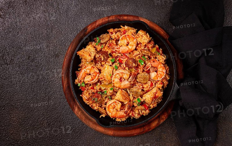 Jambalaya, Creole dish, American pilaf, rice with chicken and shrimp, vegetables, homemade, no people