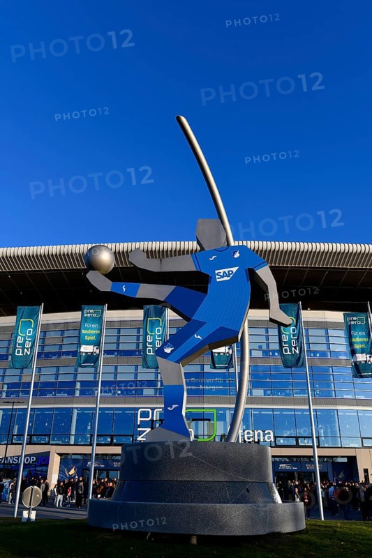 Exterior shot, statue, rotating football player with SAP advert on shirt, glass front, logo, main stand, PreZero Arena, Sinsheim, Baden-Württemberg, Germany