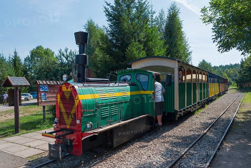A train stands at a railway keeper's house in the forest, surrounded by summer greenery, diesel locomotive, Wls 40 type light railway locomotive with additional exhaust attachment, Wigry narrow-gauge railway, Plociczno-Tartak, Suwalki, Podlaskie, Poland