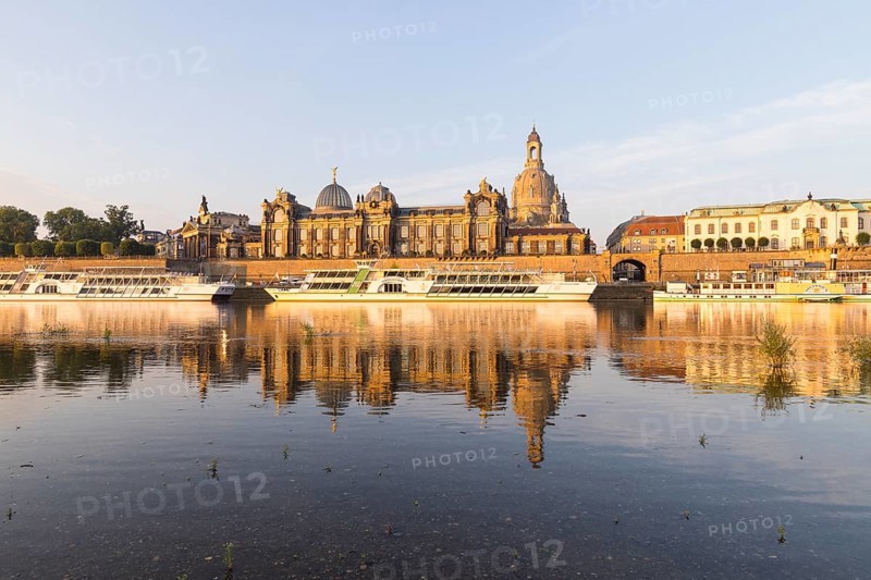 Silhouette of the Old Town with reflection in the Elbe in the morning, steamboats on the Terrassenufer, Brühl's Terrace, Academy of Fine Arts and Church of Our Lady, Dresden, Saxony, Germany