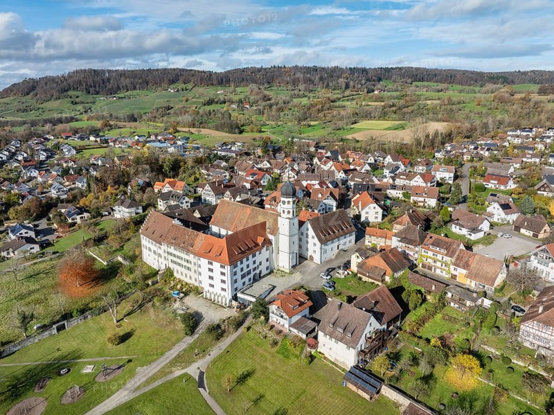 Aerial view of the former Augustinian canons' monastery and collegiate church in the Höri community of Öhningen, Höri peninsula, Lake Constance, Constance district, Baden-Württemberg, Germany