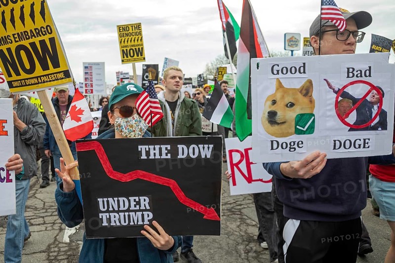 Detroit, Michigan - Labor organizations protest President Trump's 'war on working people' with a march and rally on May Day, the traditional International Workers Day
