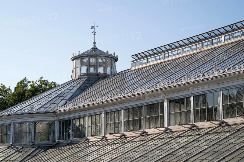 Roof, historic greenhouse with windows and small decorations, Botanical Garden or Botanisk Have, University of Copenhagen, Denmark