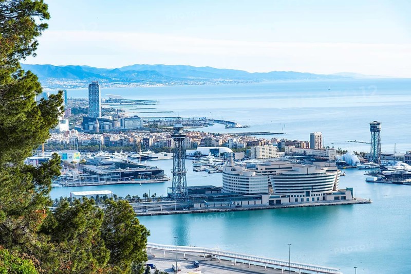 View of the Old Harbour and the sea from Montjuic in Barcelona, Spain