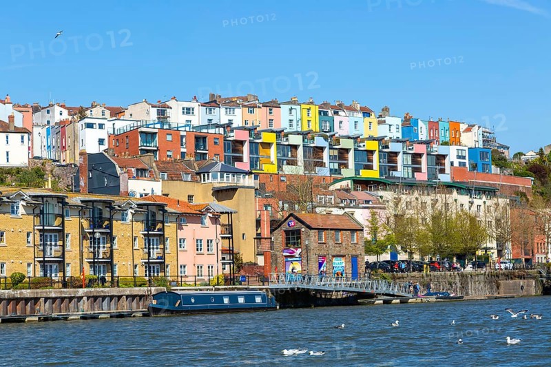 The Floating Harbour, Bristol, England, UK - colourful houses on hillside at Hotwells