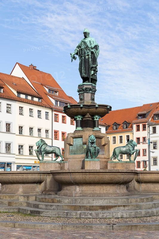 Fountain monument with Otto the Rich on the Obermarkt in Freiberg, Saxony, Germany