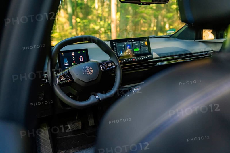 Modern car interior with digital dashboard and touchscreen in the forest, Deer E- Carsharing, Calw, Black Forest, Germany