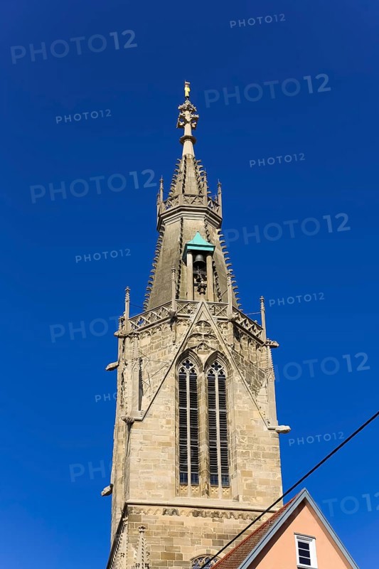 St Mary's Church Reutlingen, sacred building built from 1247 to 1343, cultural monument, Gothic church, Reformation church, Protestant church, place of worship, Christian architecture, main tower, church tower, bells, golden angel, restored in neo-Gothic style, Reutlingen, Baden-Württemberg, Germany