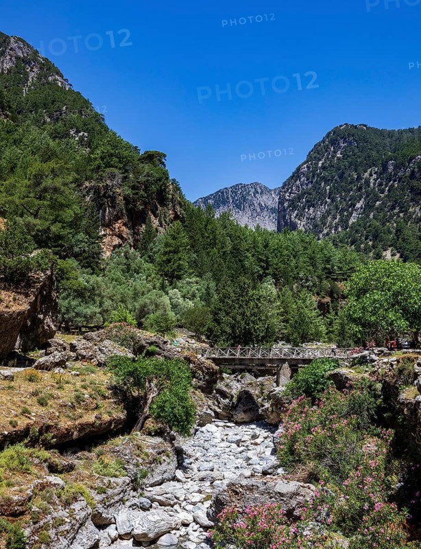 Bridge on the hiking trail through the Samaria Gorge, south coast, Crete, Greece