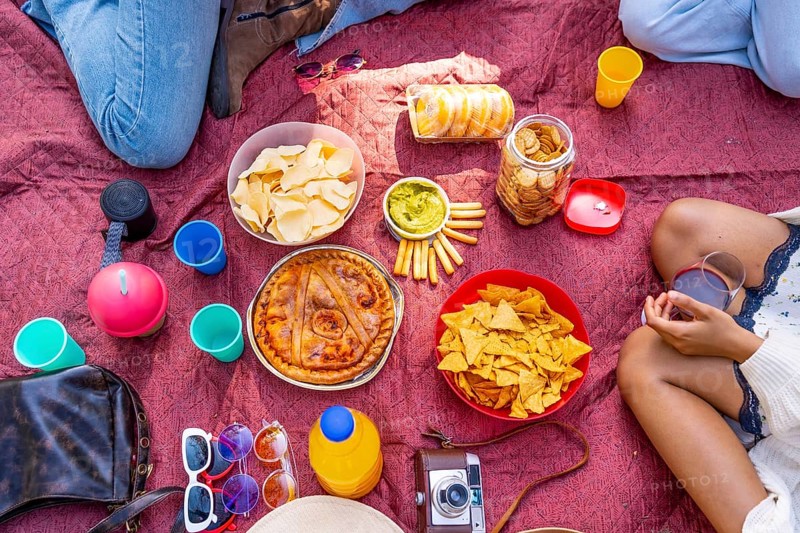 Savory pie, chips, crackers, guacamole, juice, and drinks arranged on a red picnic blanket, creating a vibrant and inviting scene for a casual outdoor gathering