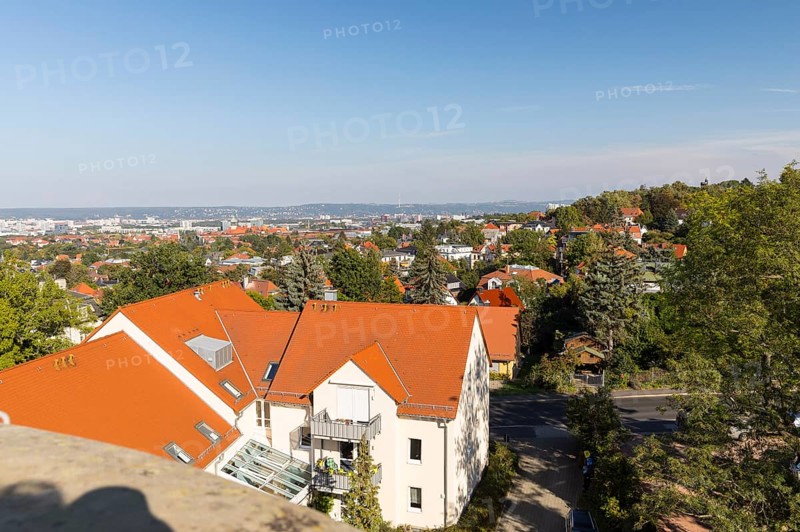View from the Hoher Stein observation tower, with the Fichteturm observation tower in the background on the right, Dresden, Saxony, Germany