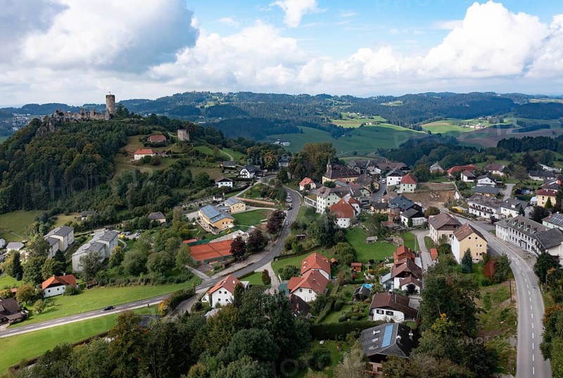 Drone shot, view of the town, Waxenberg castle ruins, Waxenberg, Mühlviertel, Upper Austria, Austria