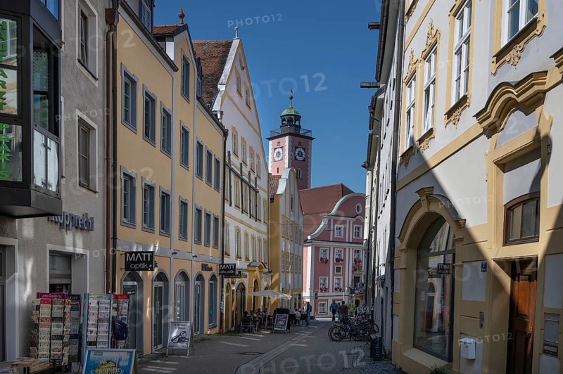 Historic houses in the Marktgasse, behind the town hall tower, Eichstätt, Upper Bavaria, Germany