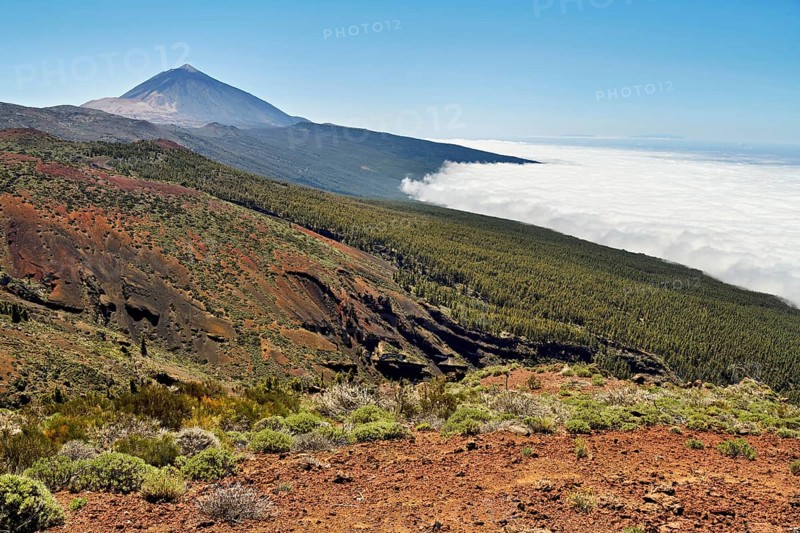 Volcanic landscape, behind volcano Pico del Teide above trade wind clouds, Teide National Park, Tenerife, Canary Islands, Spain