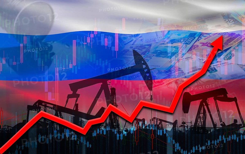 Oil pumps with Russia flag on economic graph. Oil production with Russia flag, petrol industry