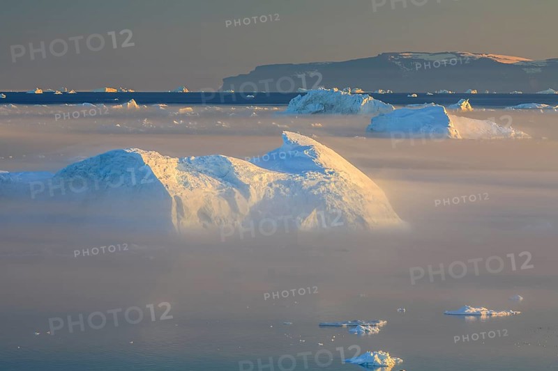 Icebergs in the fog, midnight sun, summer, Ilulissat, Ilulissat Icefjord, Disko Bay, West Greenland, Greenland
