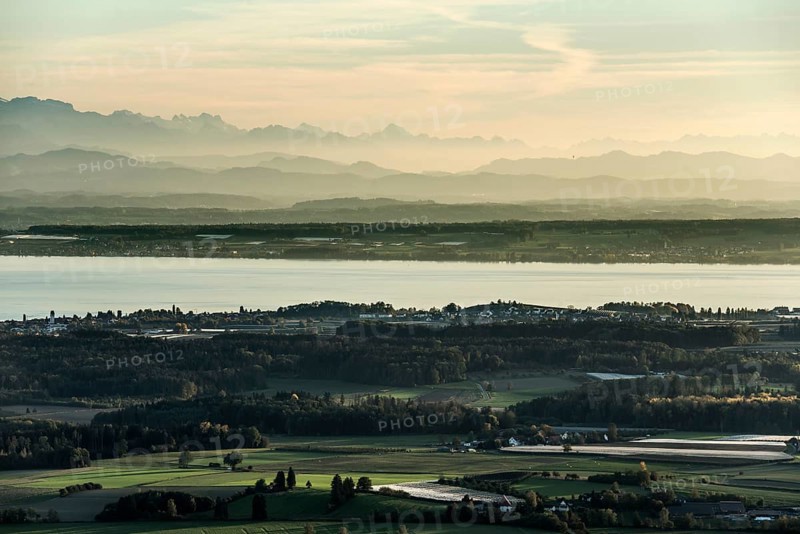 View of Lake Constance and the Swiss Alps from the Gehrenberg, sunset, Markdorf, Lake Constance, Baden-Württemberg, Germany