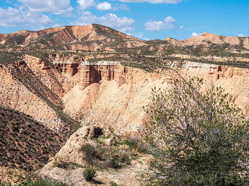 View over the Gorafe desert, colorful canyons, rock formations, Gorafe Desert, UNESCO Granada Geopark, Granada province, Andalusia, Spain