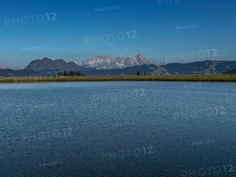 Tyrolean mountains near Saalbach-Hinterglemm, view over the Zwölferkogel reservoir, behind Leonganger Steinberge, highest peak Birnhorn at 2, 634 metres, Tyrol, Austria