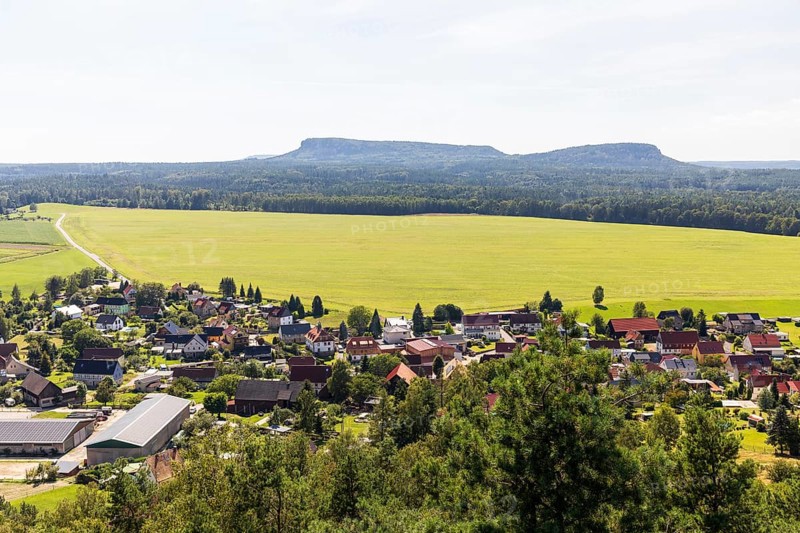 On the Kaiserkrone with panoramic view, view of Schöna, in the background Großer and Kleiner Zschirnstein, Saxon Switzerland, Saxony, Germany