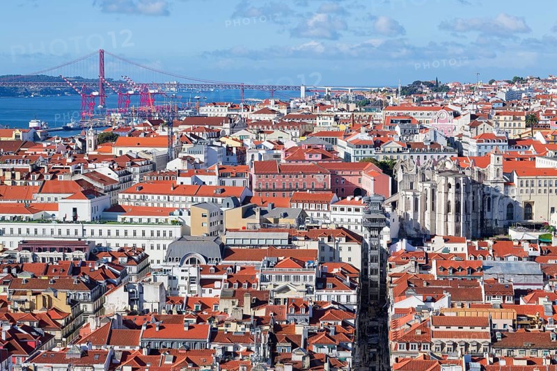 View over Lisbon, Santa Justa lift and The Church and Convent of Our Lady of Mount Carmel, Portugal