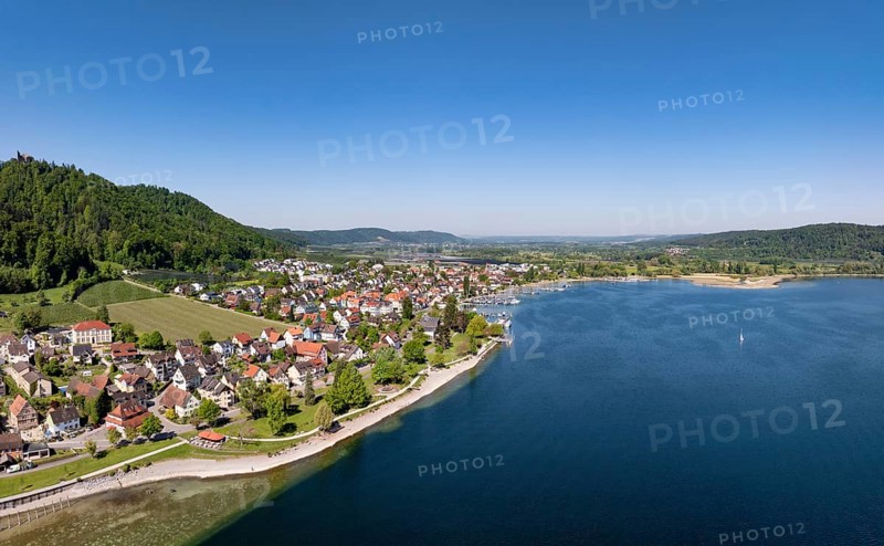 Aerial view, panorama of Lake Constance with the village of Bodman, Bodman-Ludwigshafen, district of Constance, Baden-Württemberg, Germany