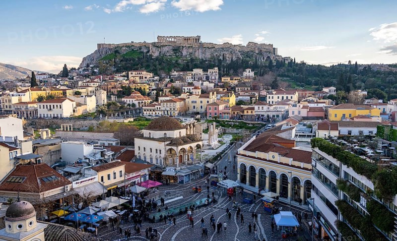 View over the old town of Athens, with Tzisdarakis Mosque and Acropolis, Monastiraki Square, Athens, Attica, Greece
