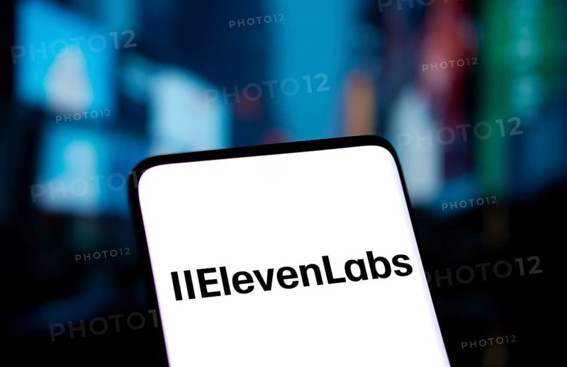 Elevenlabs logo is displayed on smartphone. ElevenLabs is a software company