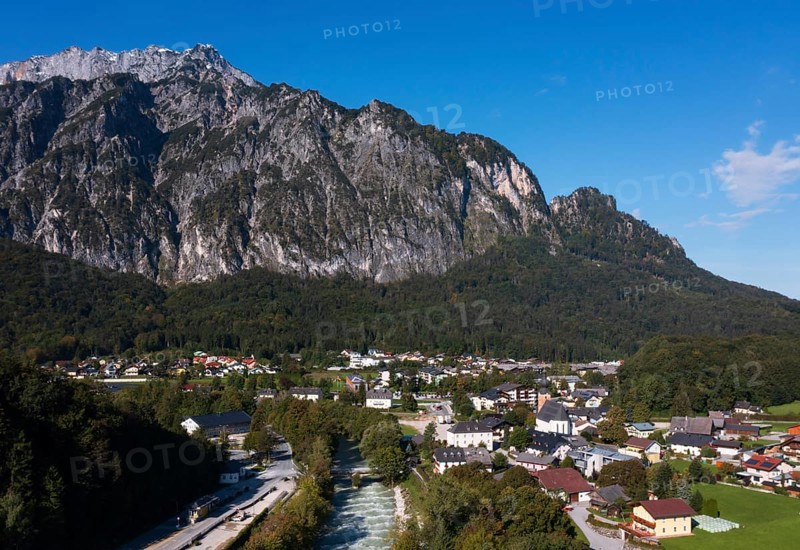 Drone shot, Untersberg, view of the village with pilgrimage church, Sankt Leonhard, Grödig, Salzburg province, Austria