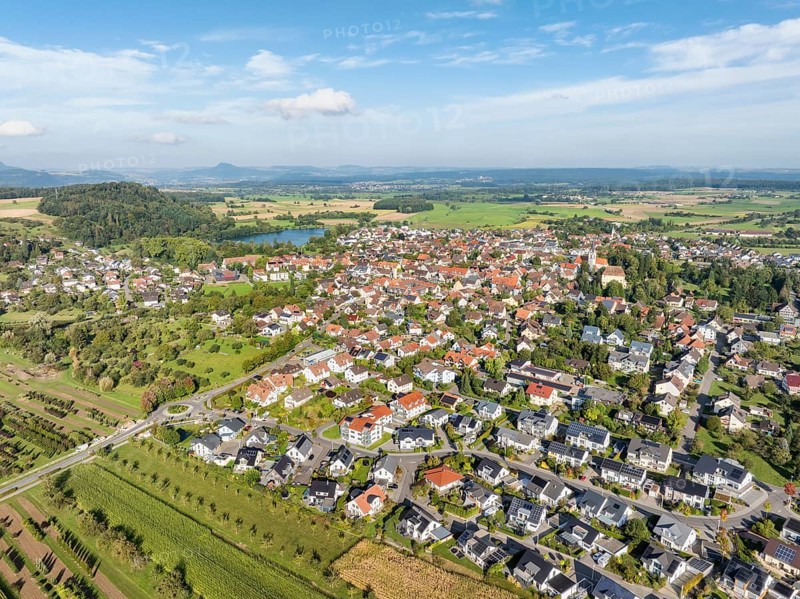 Aerial view of the municipality of Steißlingen, on the horizon the Hegauberge, district of Constance, Baden-Württemberg, Germany