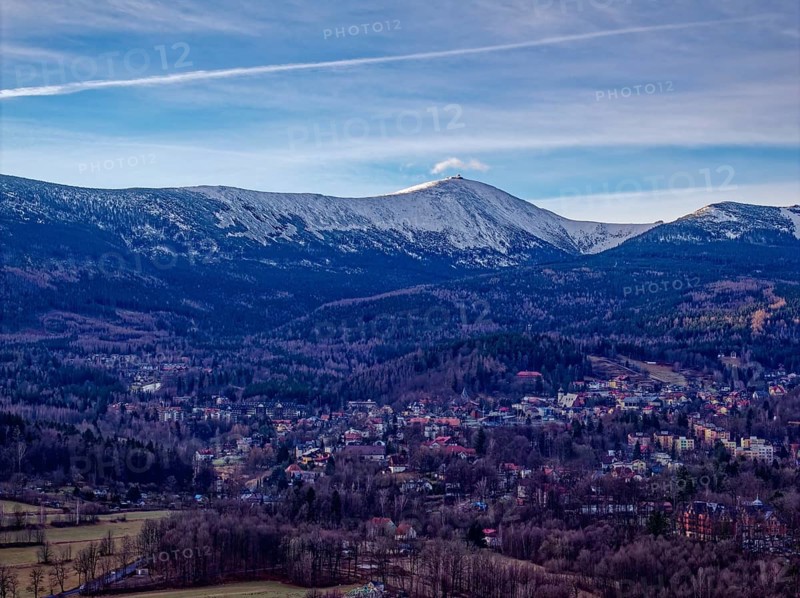The town of Karpacz and the Giant Mountains with the Schneekoppe on a winter morning. Aerial photo. Karpacz, Jelenia Gora, Lower Silesia, Poland, Karpacz, Poland