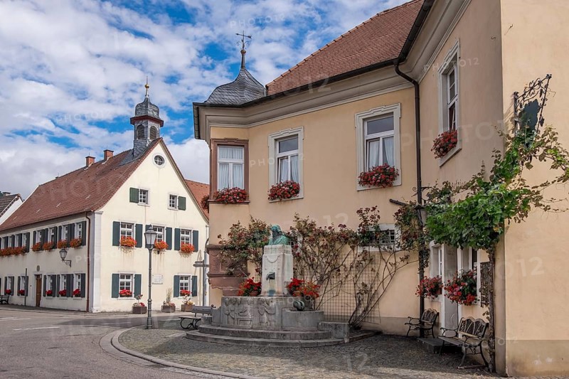 Klingenmünster with the August Becker Monument, on the left the birthplace of the writer August Becker, Southern Palatinate, Palatinate, Rhineland-Palatinate, Germany